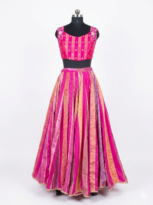 Banarasi Stripe Skirt Only - Gulaabi Hot Pink