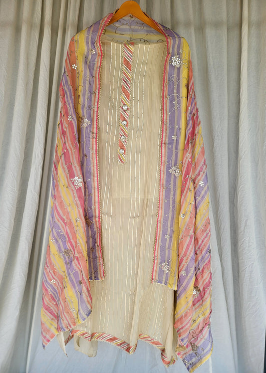 Cream White To Multi Semi-Stitched Premium Suits