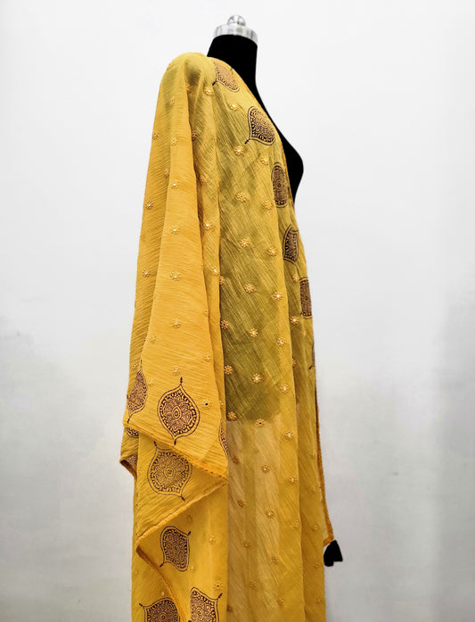 Hand Block Mirror Mal Dupatta Yellow