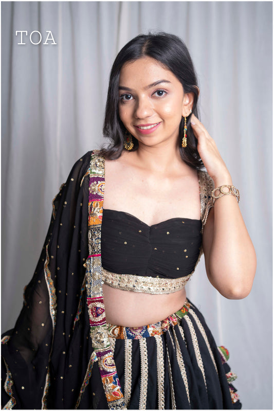Sequins Sitara Pleated Vintage Georgette Top - Black