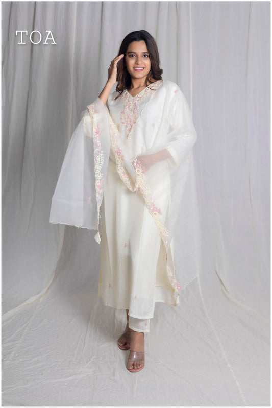 Royal Cream White Handwork Kurti Set