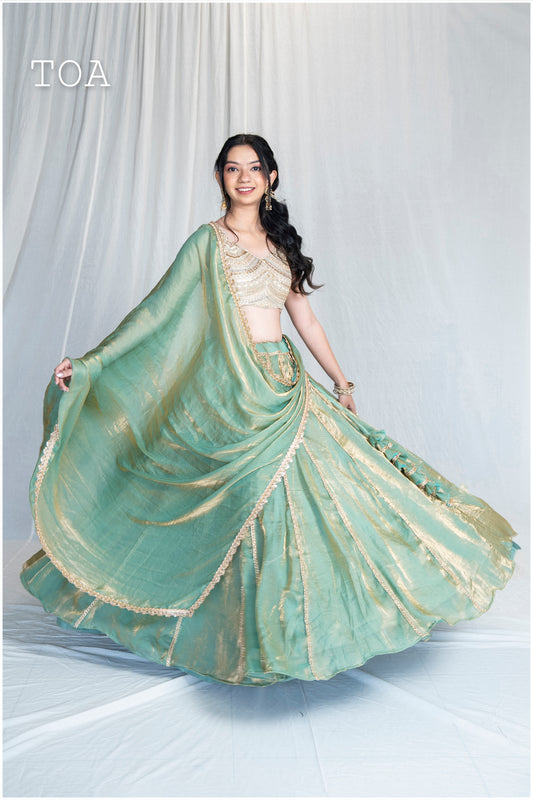 Zardosi Kalli Dual Tone Kanjivaram Skirt - Sage Green