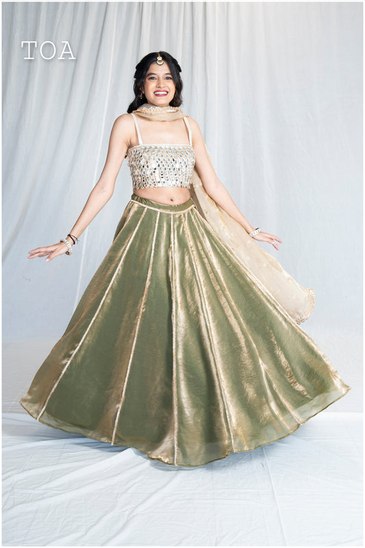 Zardosi Kalli Dual Tone Kanjivaram Skirt - Olive Green