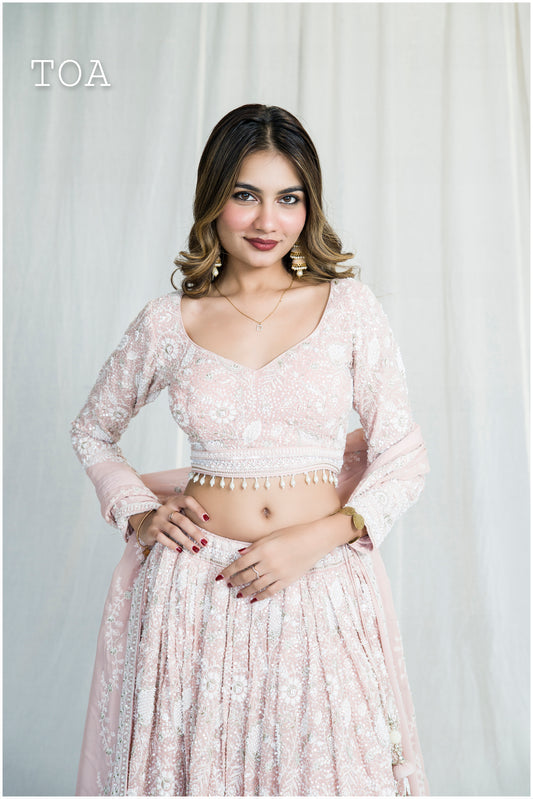 Baby Peach Pink Georgette Festive Lehenga Outfit