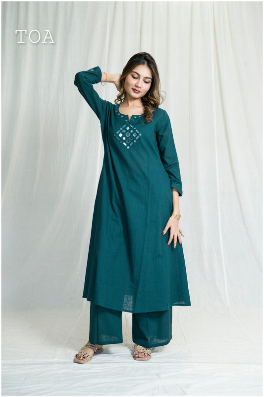 Turquoise Green Linen Mirror Kurta Set
