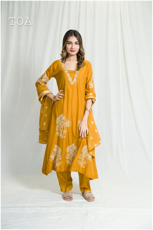 Stunning Golden Chanderi-Colored Embroidered Dress