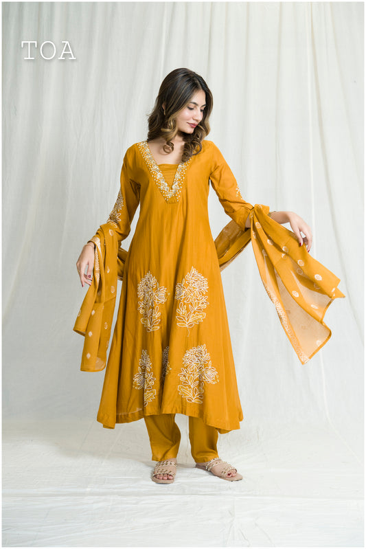 Stunning Golden Chanderi-Colored Embroidered Dress