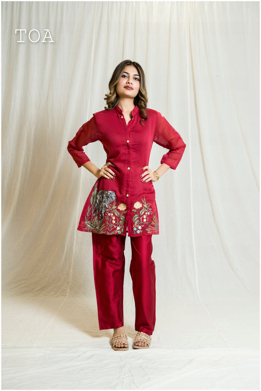 Festive co-ord Chanderi Cherry Red