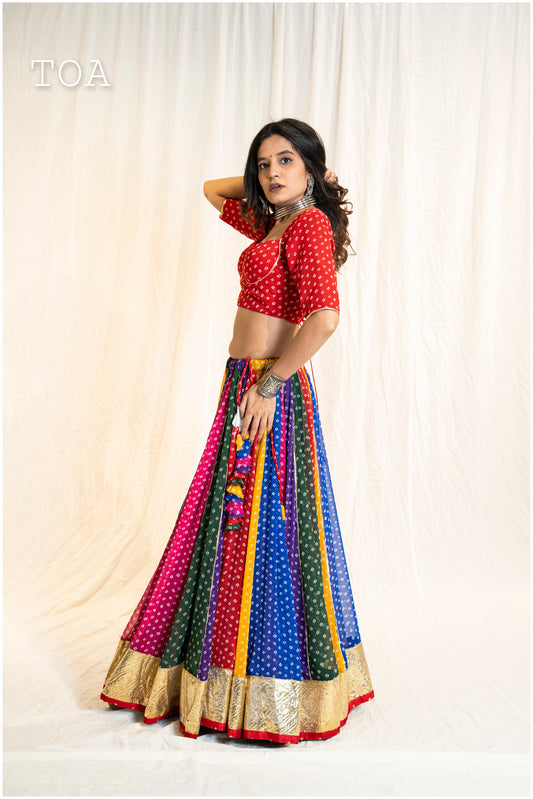 Multi Bandhani Georgette Lampi Set - Red