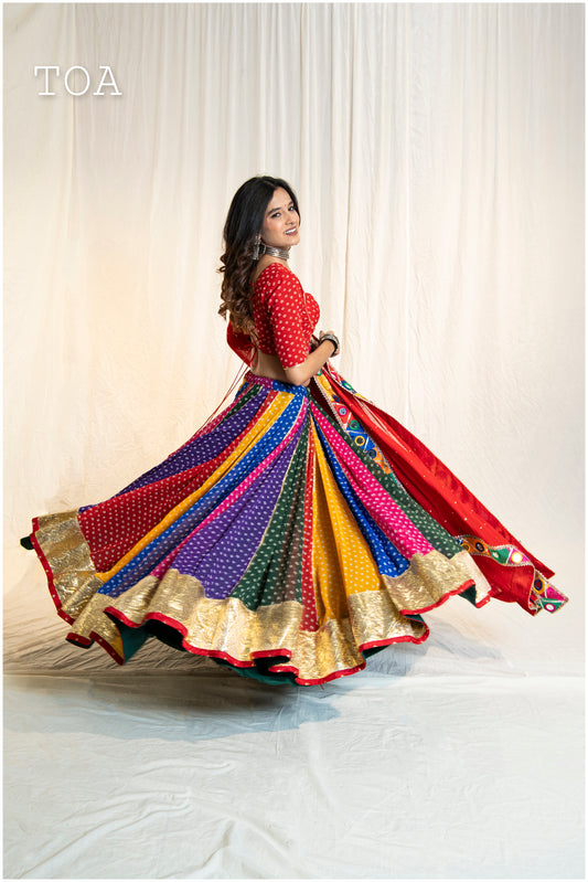 Multi Bandhani Georgette Lampi Set - Red