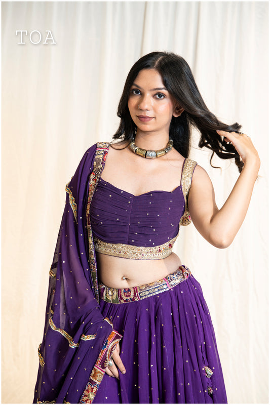 Sequins Sitara Pleated Vintage Georgette Top - Purple