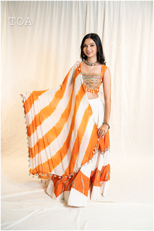 Hand Dyed Lehriya Dupatta Georgette Orange to off White