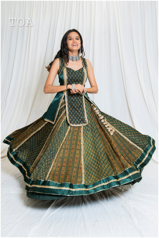 Shades Of Ajrakh - Mashru Handblock Gamthi Skirt - Traditional Green