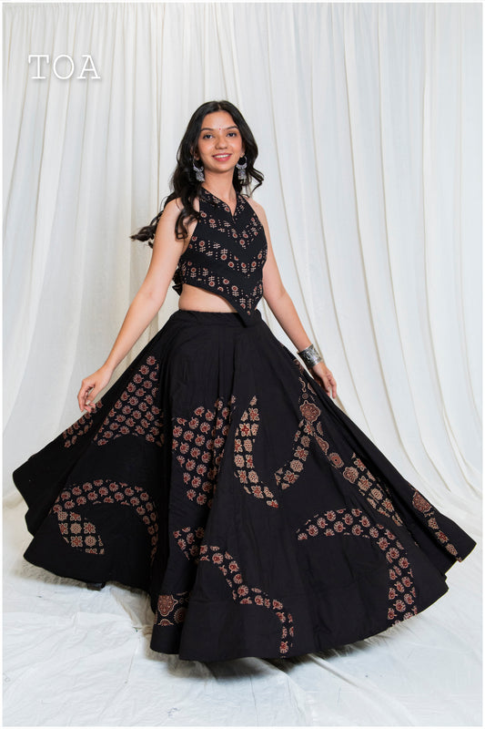 Shades Of Ajrakh Collection- Applique Ajrakh Gamthi Outfit - Black