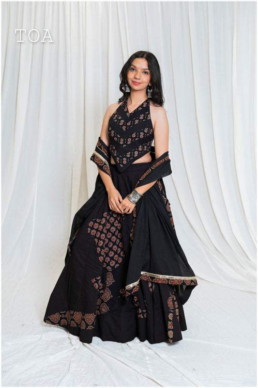 Shades Of Ajrakh Collection- Applique Ajrakh Gamthi Outfit - Black