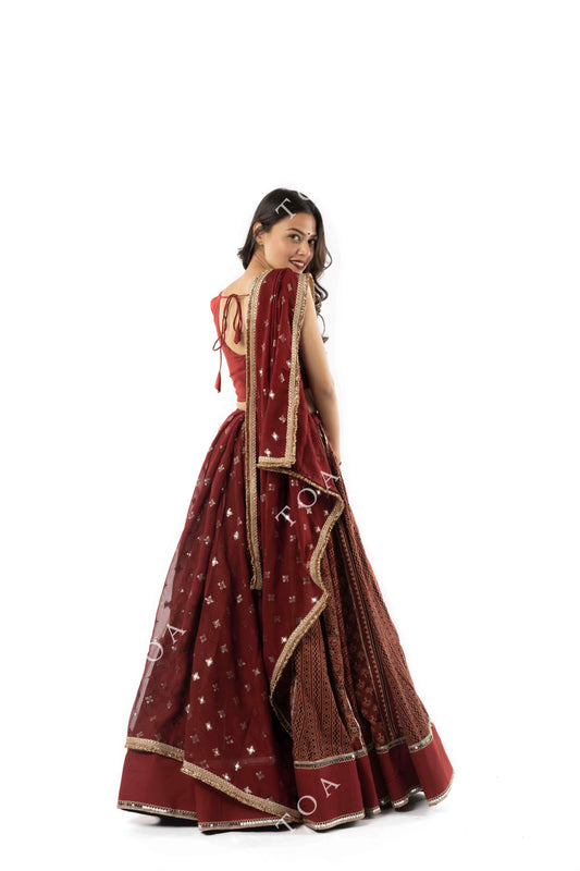 Ajrakh Gamthi Skirt Set Maroon
