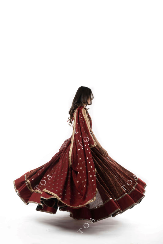 Ajrakh Gamthi Skirt Set Maroon