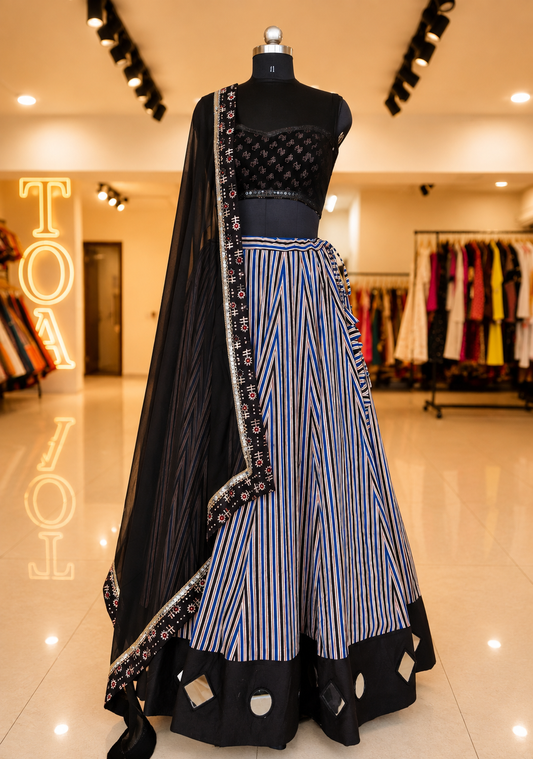 Shades of Ajrakh - Illusion Stripe Outfit - Blue