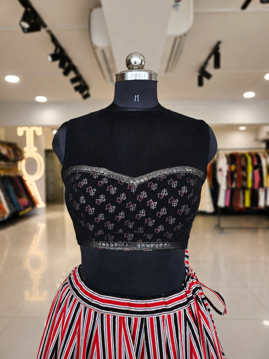 Illusion Stripe Ajrakh Grace Georgette Top - Black SL