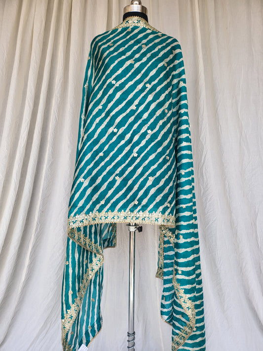 Premium Crepe Peacock Blue Leheriya Dupatta