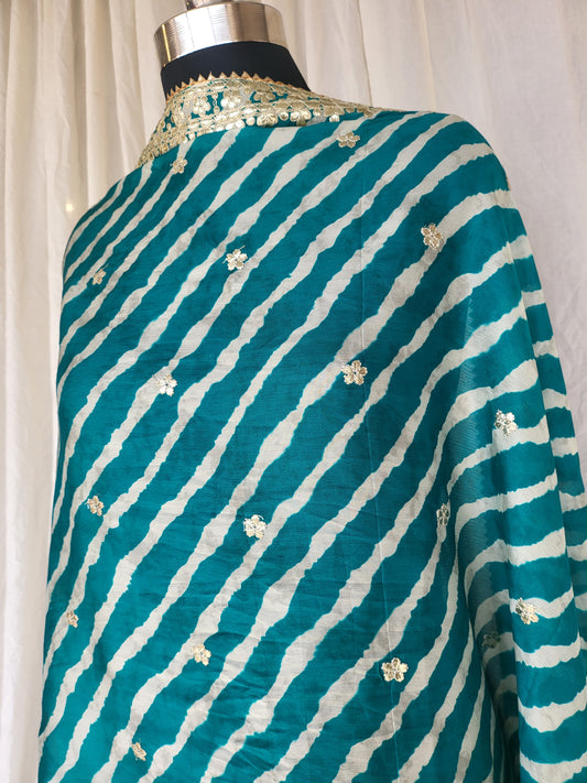 Premium Crepe Peacock Blue Leheriya Dupatta