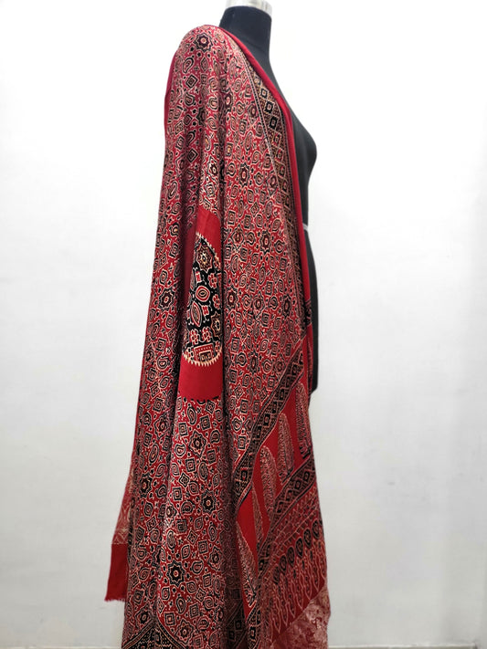 Premium Modal Gaji Ajrakh Hand Block Dupatta - Red