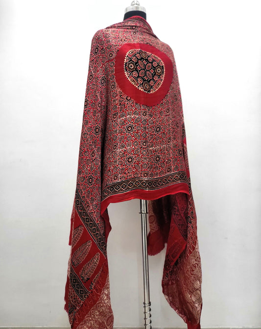 Premium Modal Gaji Ajrakh Hand Block Dupatta - Red