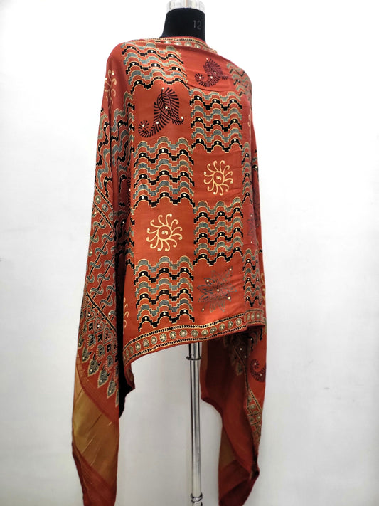 Premium Modal Gaji Ajrakh Hand Block Mukesh Dupatta - Rust