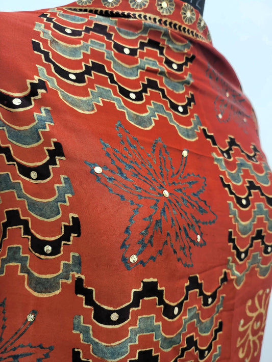 Premium Modal Gaji Ajrakh Hand Block Mukesh Dupatta - Rust
