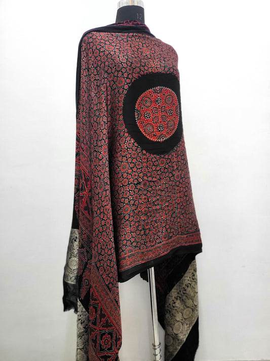 Premium Modal Gaji Ajrakh Hand Block Dupatta - Black & Red Combination