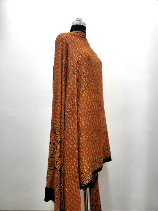 Premium Modal Gaji Ajrakh Hand Block Mukesh Dupatta -Golden Rust