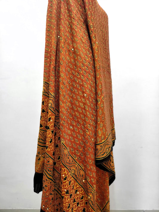 Premium Modal Gaji Ajrakh Hand Block Mukesh Dupatta -Golden Rust