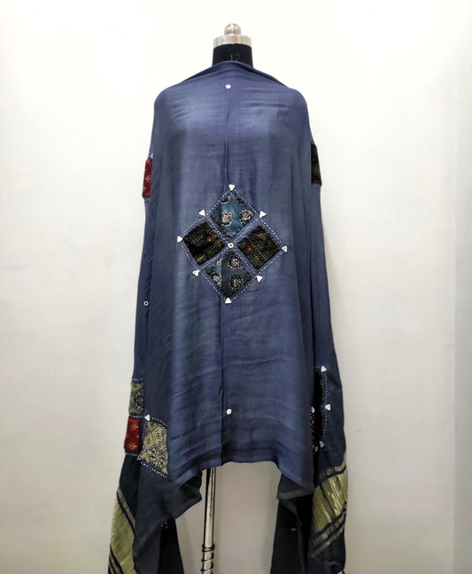 Premium Modal Gaji Ajrakh Patch Dupatta Grey