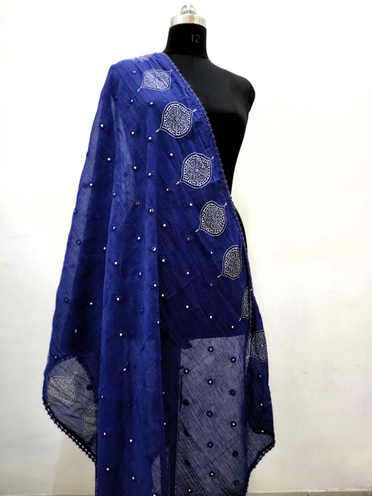 Hand Block Mirror Mal Dupatta Blue