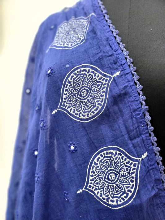 Hand Block Mirror Mal Dupatta Blue