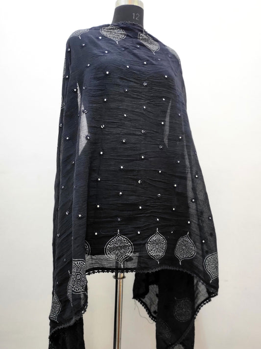 Hand Block Mirror Mal Dupatta Black