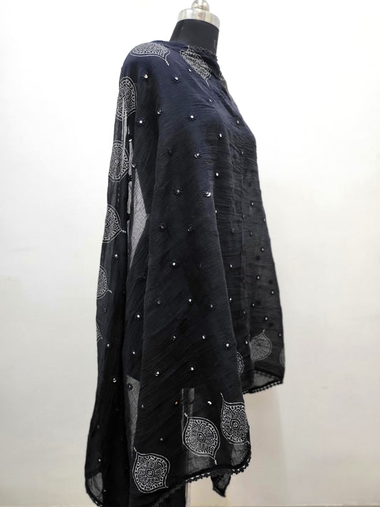 Hand Block Mirror Mal Dupatta Black