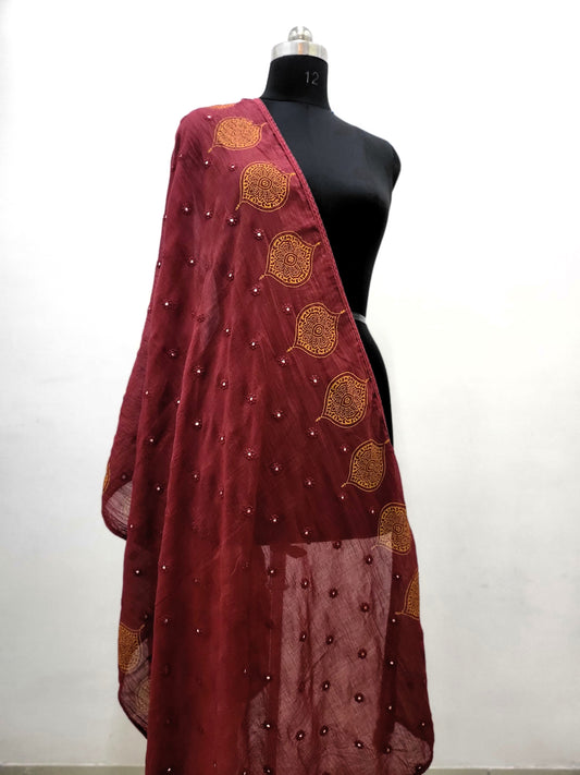 Hand Block Mirror Mal Dupatta Maroon