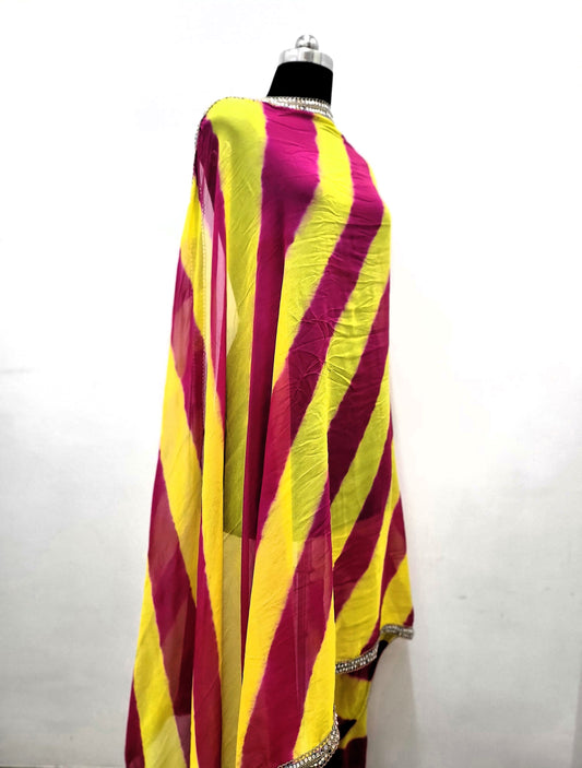 Hand Dyed Lehriya Dupatta Georgette Yellow Pink