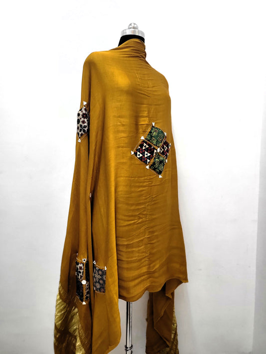 Premium Modal Gaji Ajrakh Patch Dupatta Golden Mustard