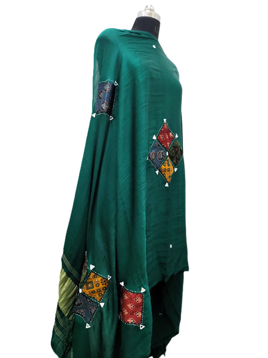 Premium Modal Gaji Ajrakh Patch Dupatta Indigo Green