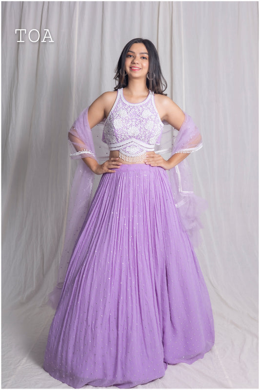 Introducing a stunning Lilac Pearl Handwork Lehenga Set