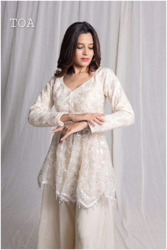 Royal Cream White Paplum Top & Palazzo