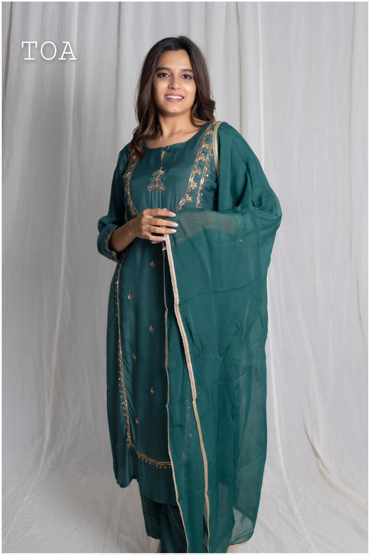 Indigo Green Crepe Silk Kurti Set