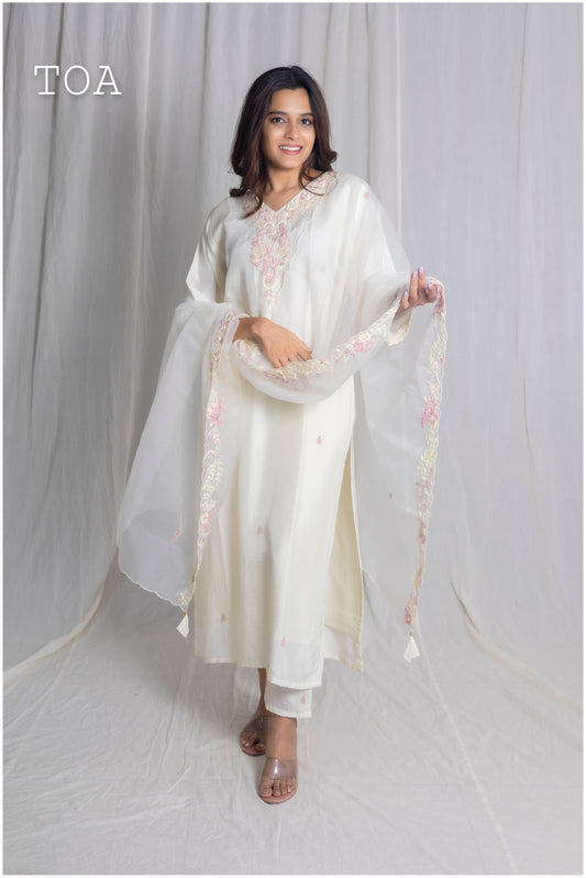 Royal Cream White Handwork Kurti Set