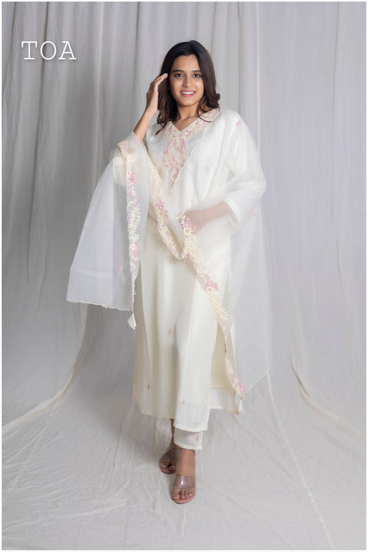 Royal Cream White Handwork Kurti Set