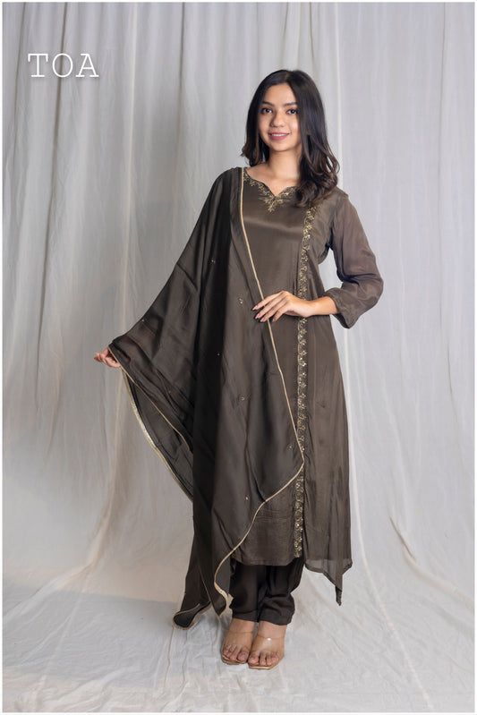 Olive Green Crepe Silk Kurti Set