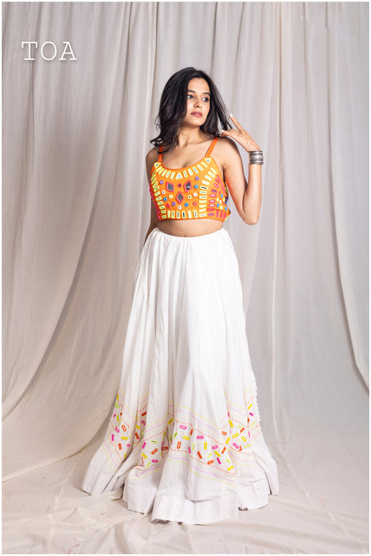 White Pop Up Zig Zag Mirror Work Skirt Only