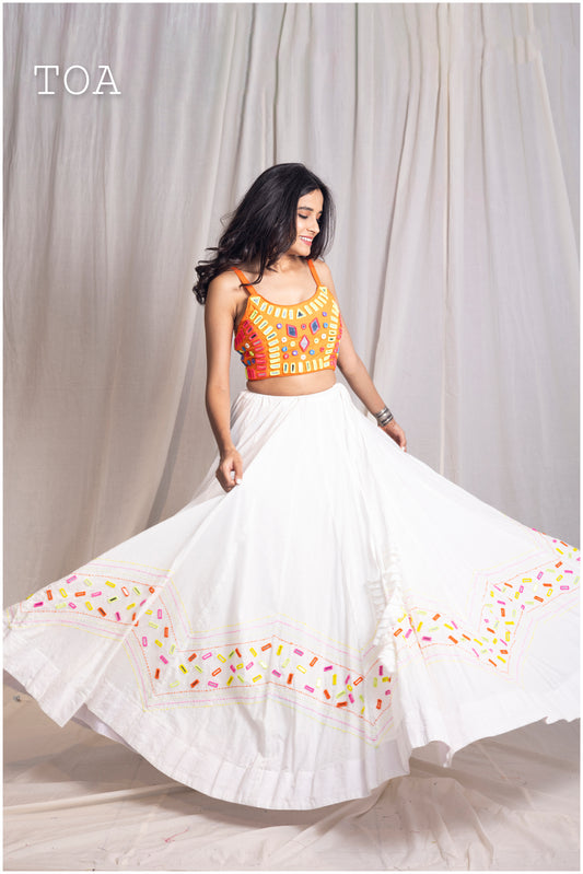 White Pop Up Zig Zag Mirror Work Skirt Only
