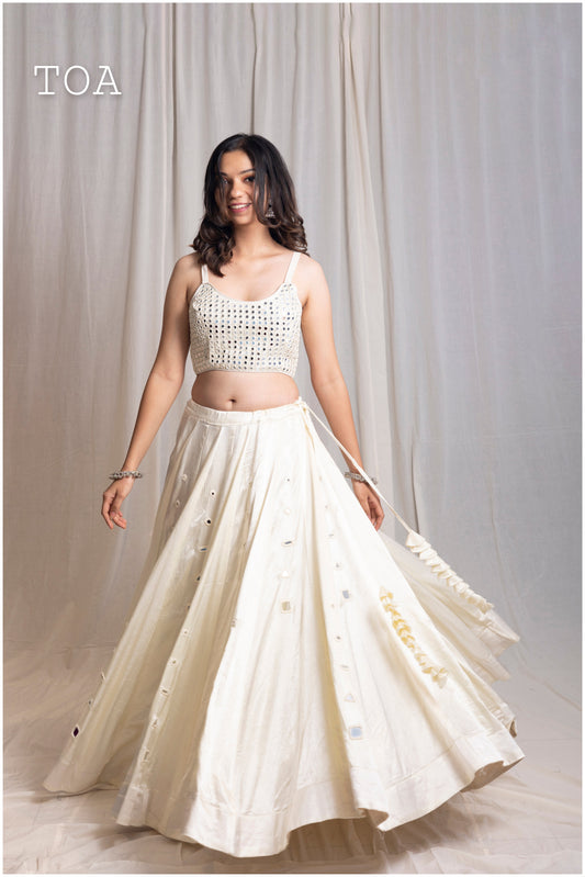 Cream White Royal Gaji Real Mirror Handwork Skirt Only